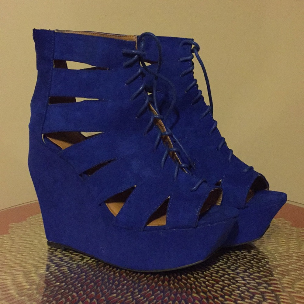 Blue Velvet Wedges